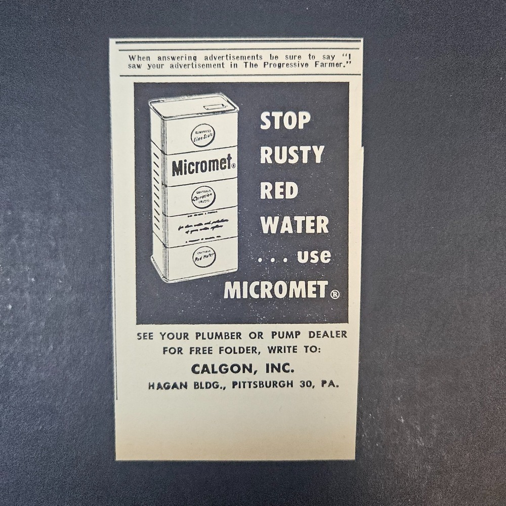 1953 Calgon Micromet Stop Rusty Red Water Vintage Print Ad Pittsburgh PA Pump